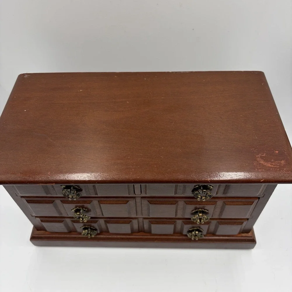 Vtg Brown Wood Rectangle Jewelry Box Organizer w/ Drawers Music Box MCM Cottage